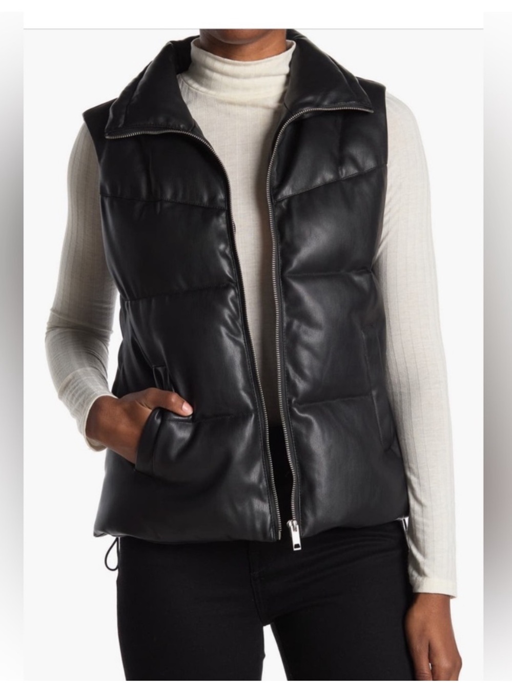 Sebbi faux leather puffer vest with pulls at waist